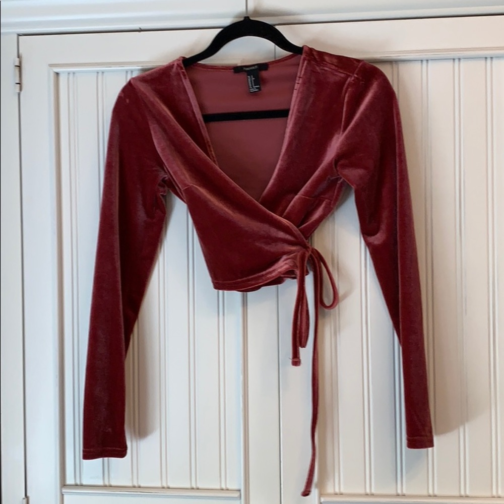 Dark pink, velvet, cross tie crop top
